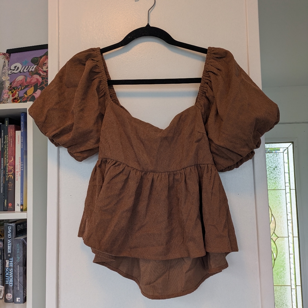 Mi Ami Brown Puff Sleeve Women's Top Small